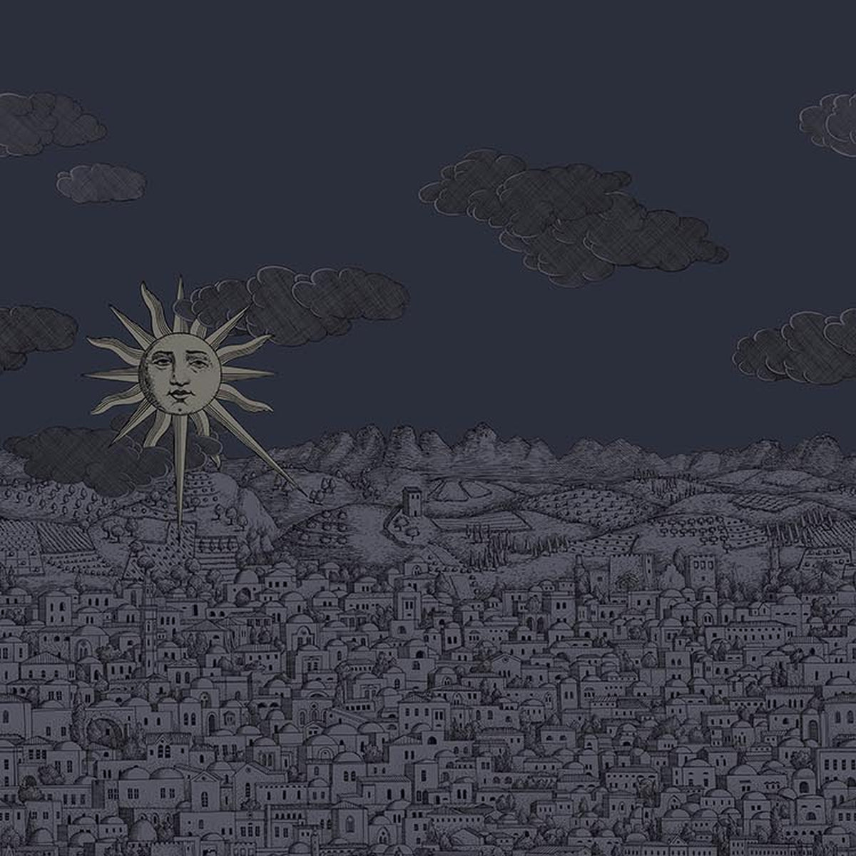 Cole & Son Fornasetti Vista Mediterranea in Midnight with Gilver Sun mural detail