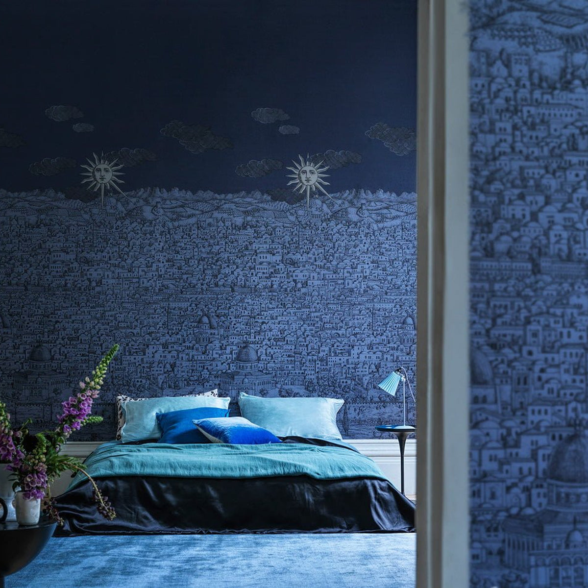 Cole & Son Fornasetti Vista Mediterranea in Midnight with Gilver Sun room setting
