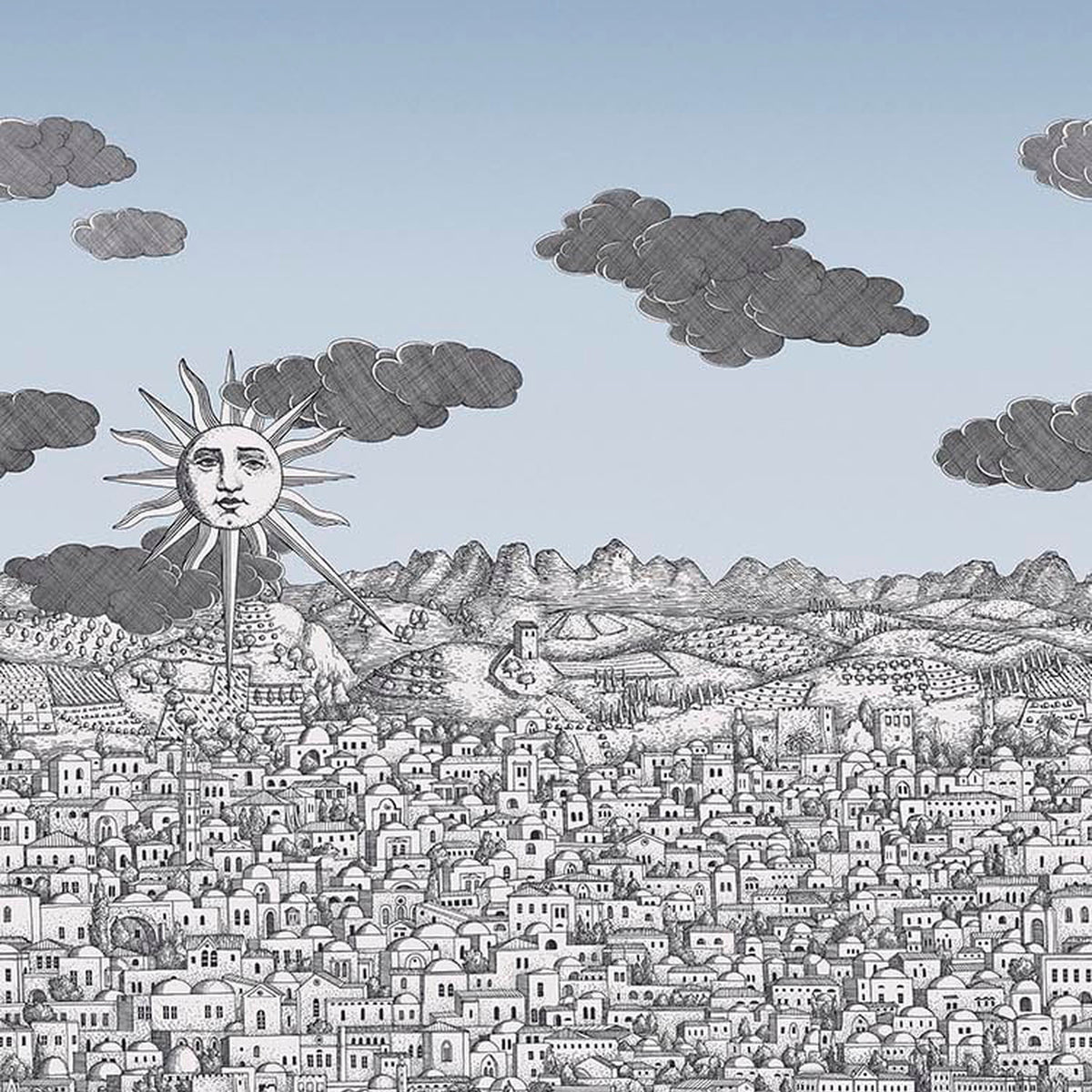 Cole & Son Fornasetti Vista Mediterranea in Blue Ombre Sky mural detail
