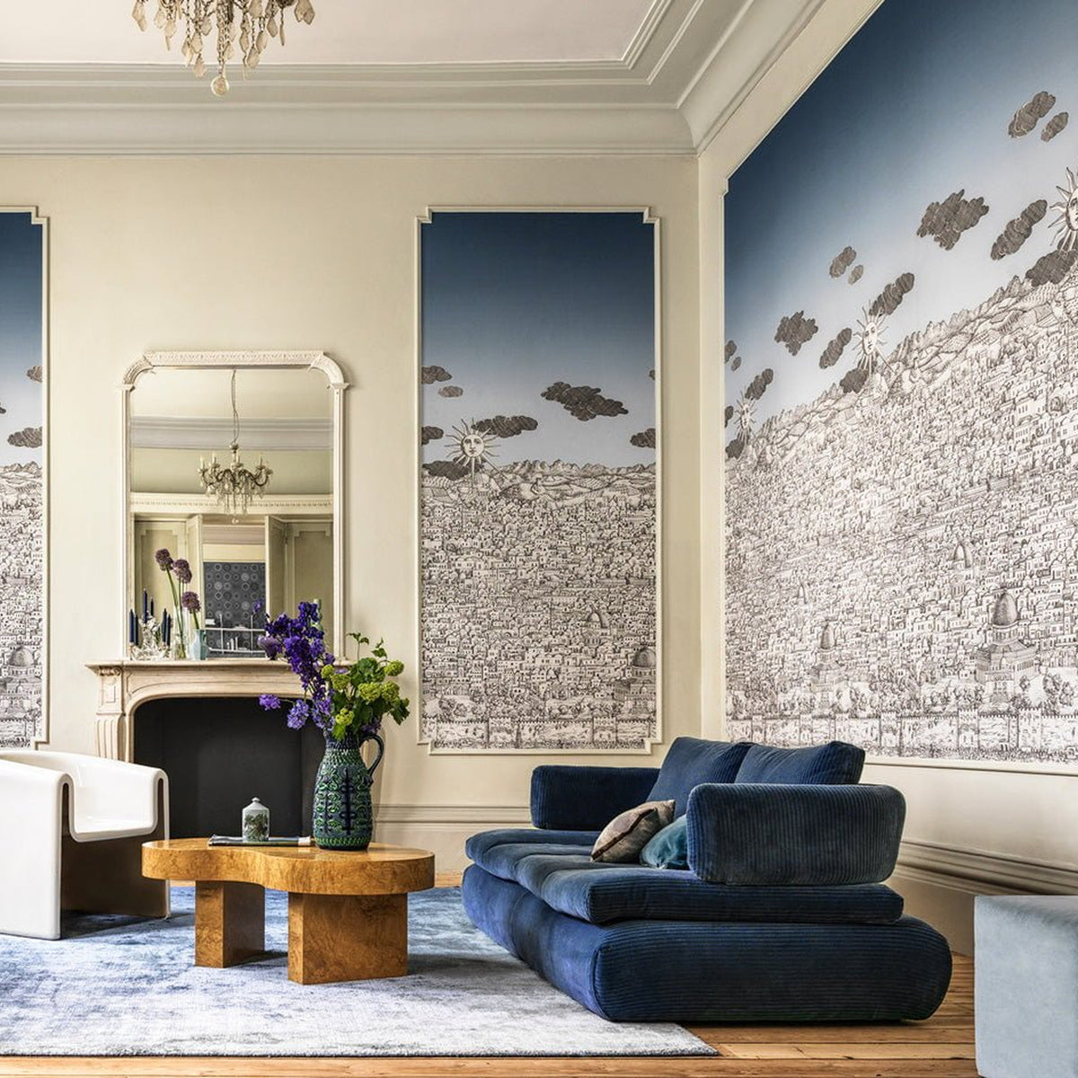 Cole & Son Fornasetti Vista Mediterranea in Blue Ombre Sky room setting