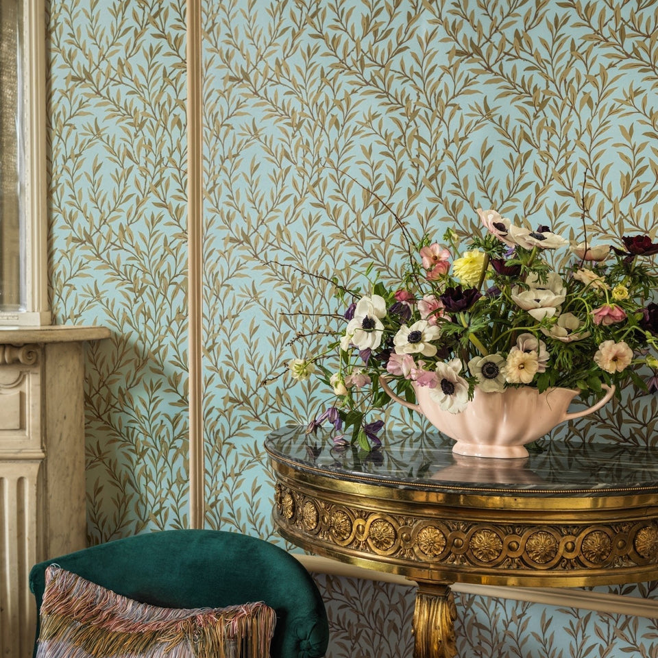 Cole & Son Willow Branch wallpaper in Olive on Teal room setting