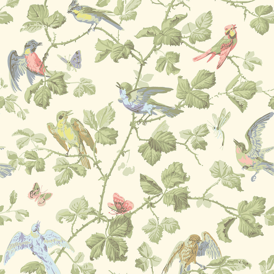 Cole & Son Winter Birds wallpaper in Multi & Olive on White