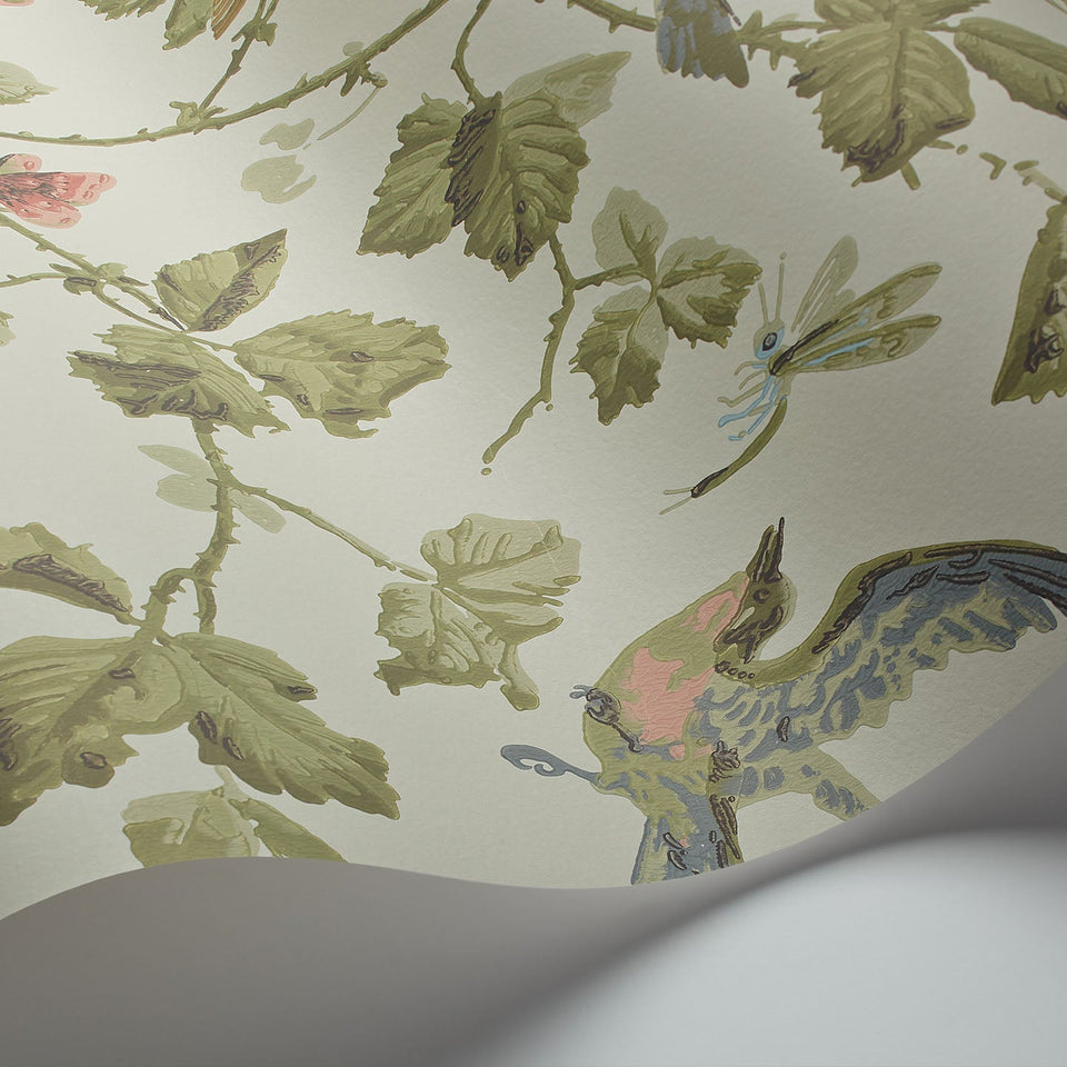 Cole & Son Winter Birds wallpaper in Multi & Olive on White detail
