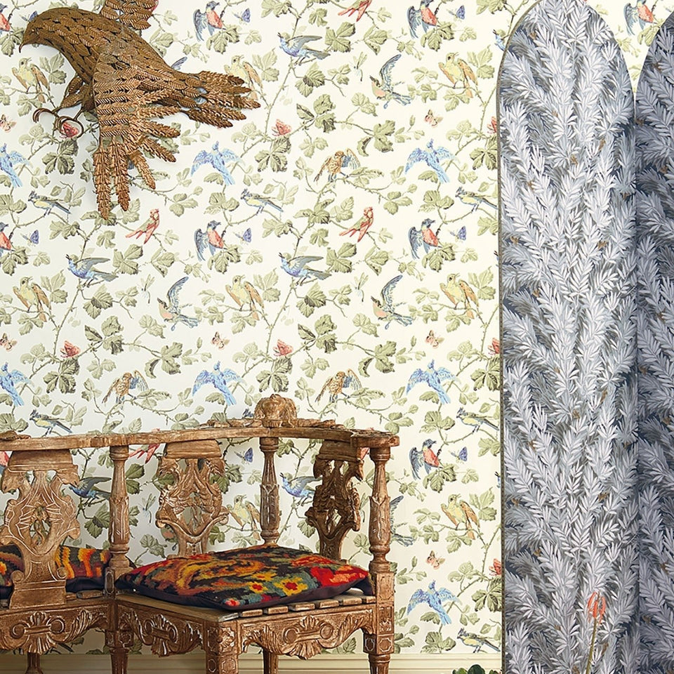 Cole & Son Winter Birds wallpaper in Multi & Olive on White room setting