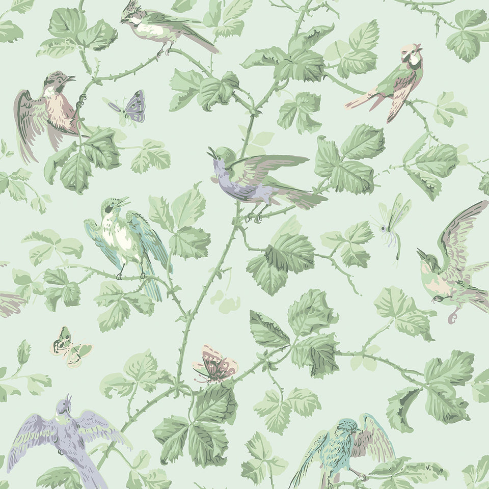 Cole & Son Winter Birds wallpaper in Lilac & Teal on Duck Egg