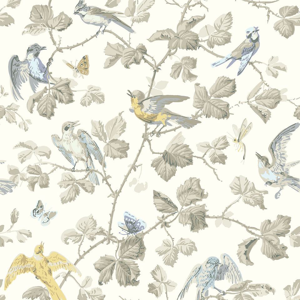 Cole & Son Winter Birds wallpaper in Yellow & Stone on White