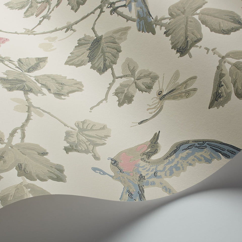 Cole & Son Winter Birds wallpaper in Rose & Old Olive on Cream detail