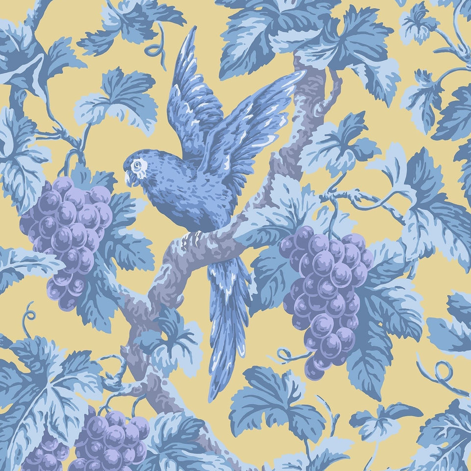 Cole & Son Woodvale Orchard wallpaper in Hyacinth, Lilac & China Blue on Ochre — pattern detail