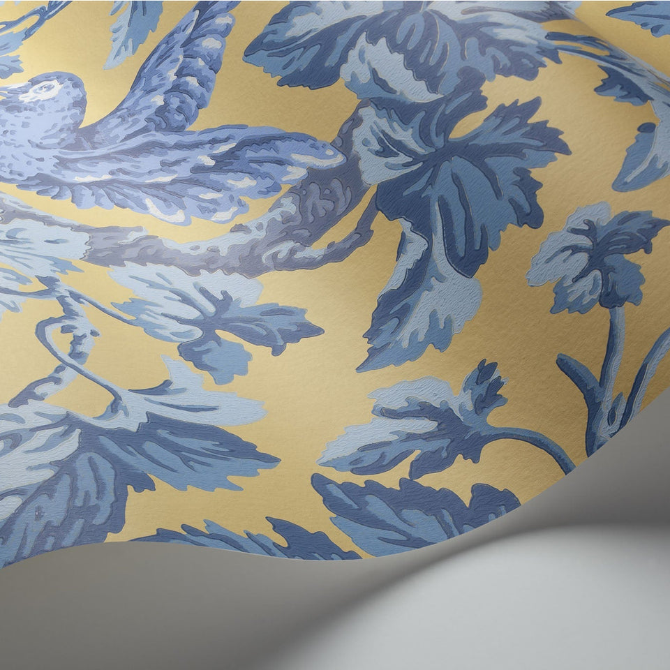 Cole & Son Woodvale Orchard wallpaper in Hyacinth, Lilac & China Blue on Ochre — wallpaper detail