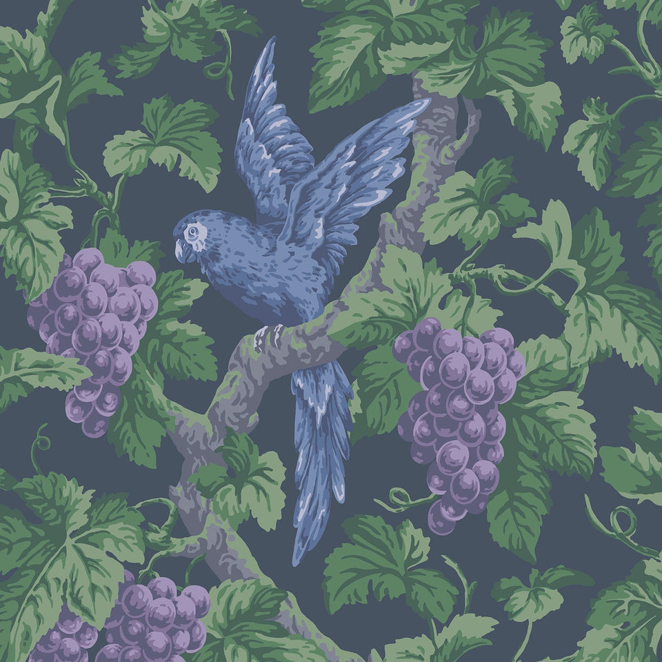 Cole & Son Woodvale Orchard wallpaper in Violet, Purple & Forest on Ink — pattern detail