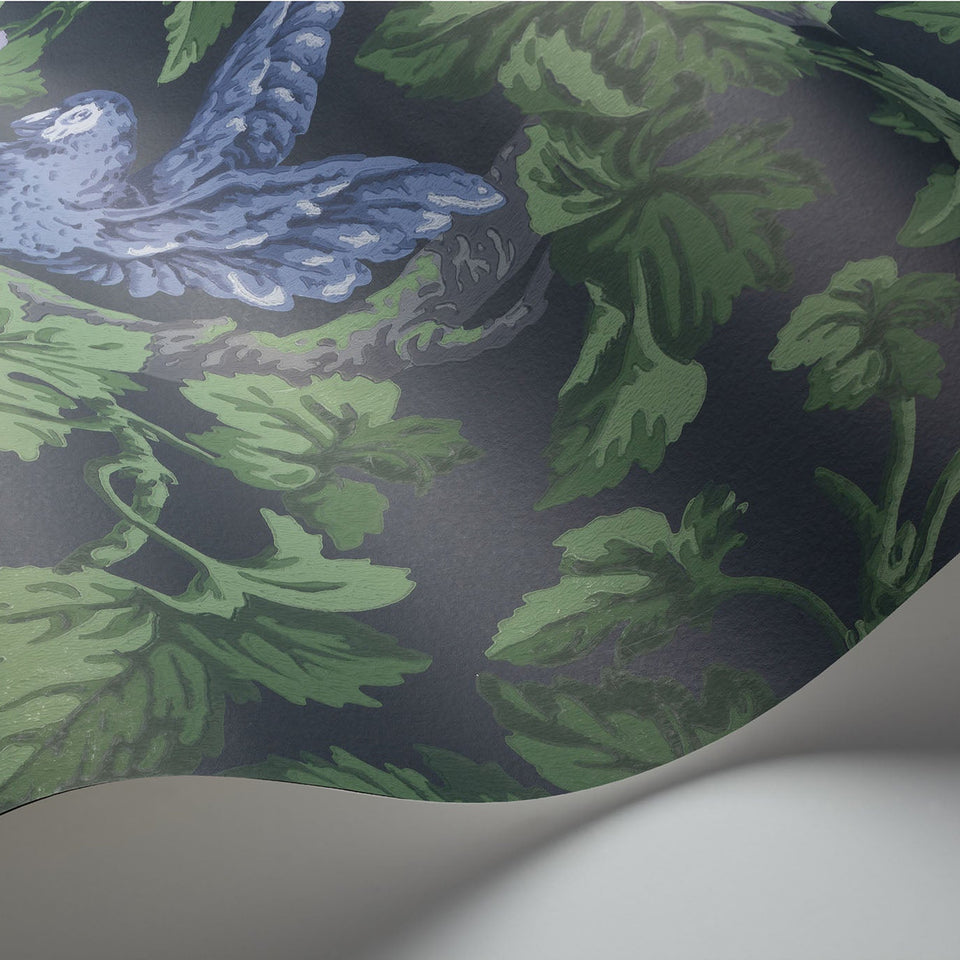 Cole & Son Woodvale Orchard wallpaper in Violet, Purple & Forest on Ink — wallpaper detail