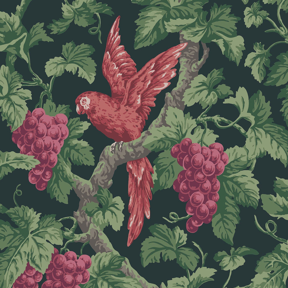 Cole & Son Woodvale Orchard wallpaper in Ruby, Rose & Olive Green on Charcoal — pattern detail