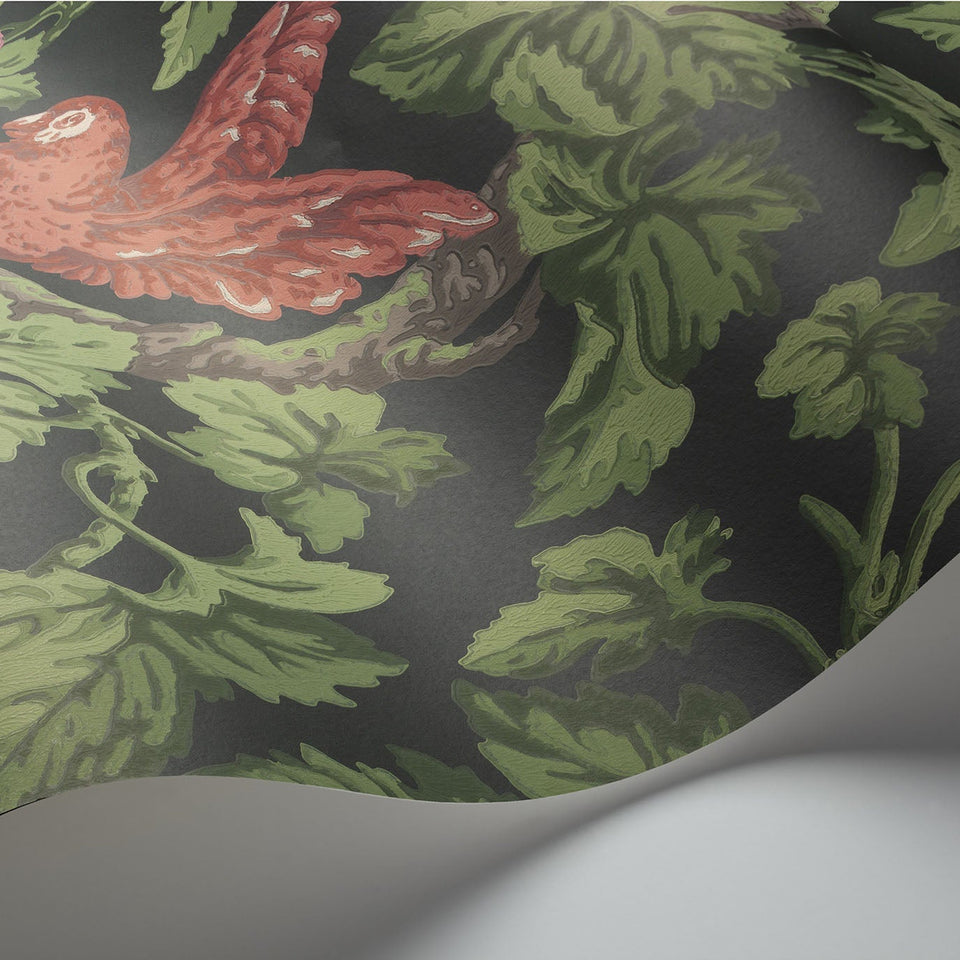 Cole & Son Woodvale Orchard wallpaper in Ruby, Rose & Olive Green on Charcoal — wallpaper detail