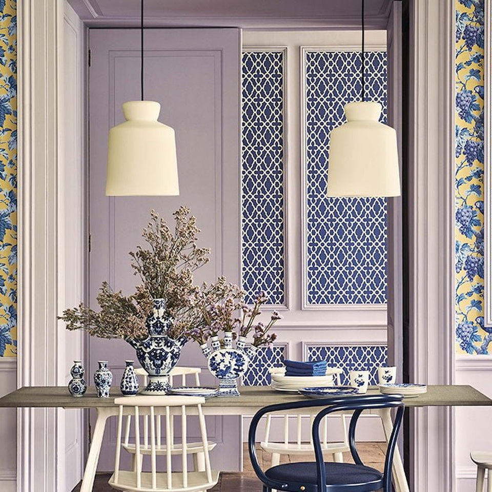 Cole & Son Woodvale Orchard wallpaper in Hyacinth, Lilac & China Blue on Ochre — room setting