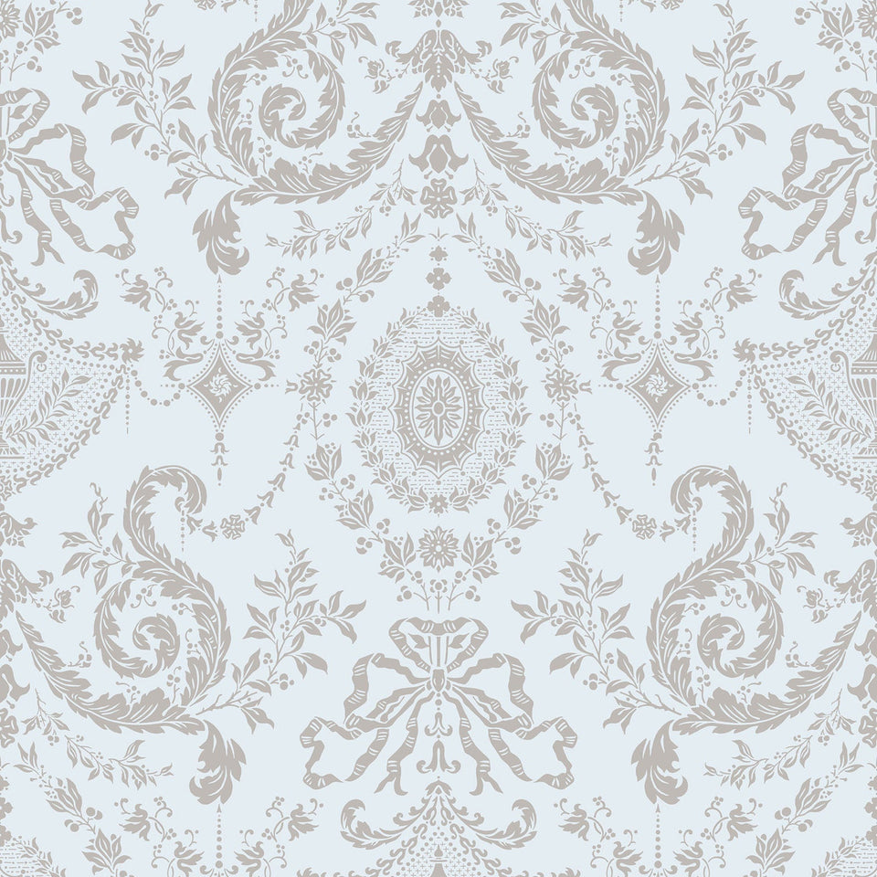 Cole & Son Woolverston wallpaper in Metallic Gilver on Pale Seafoam — pattern detail