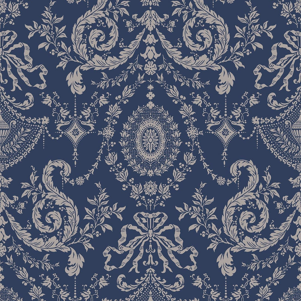 Cole & Son Woolverston wallpaper in Metallic Gilver on Ink — pattern detail