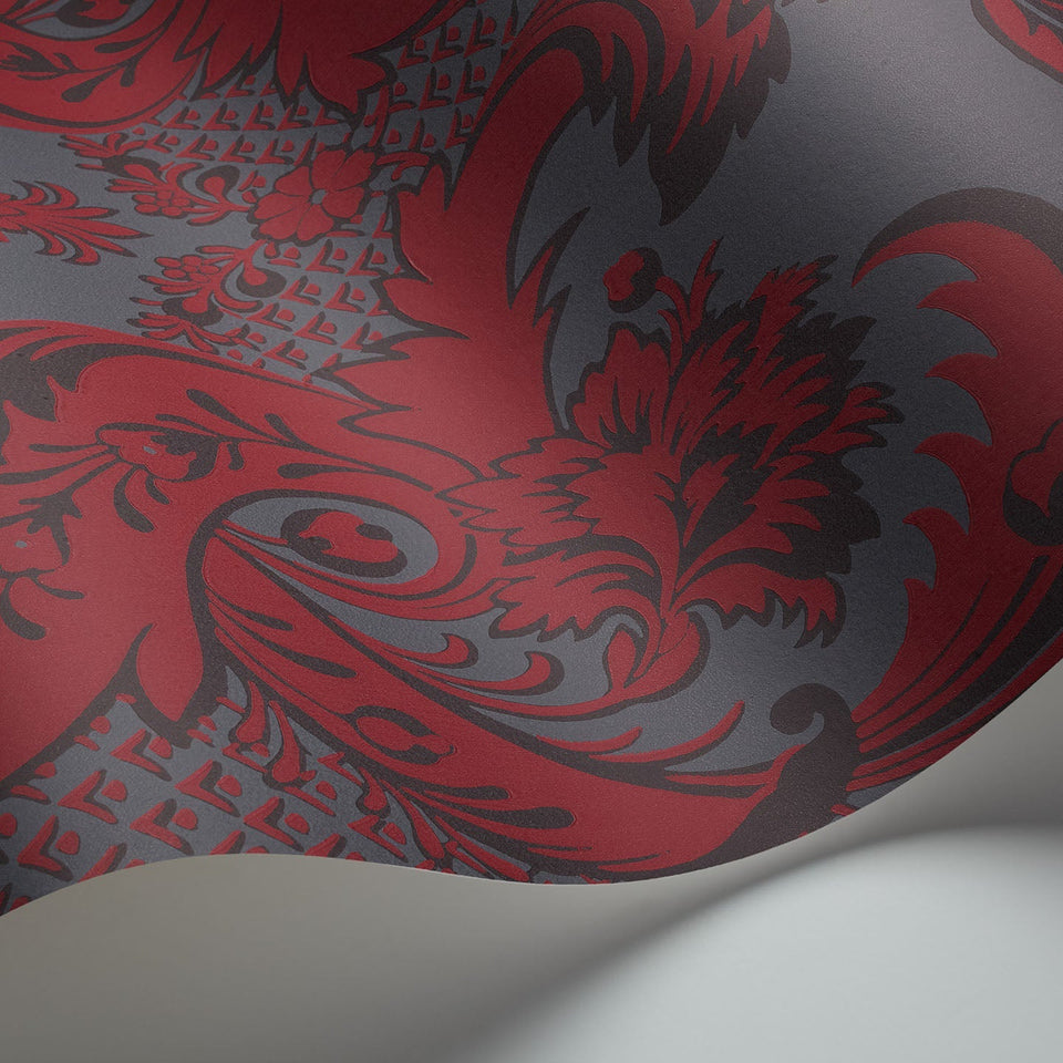 Cole & Son Wyndham wallpaper in Ruby & Charcoal on Slate Grey — wallpaper detail