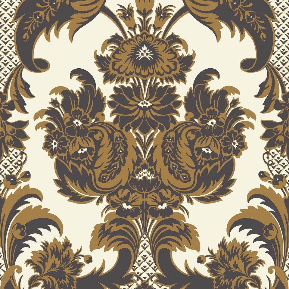 Cole & Son Wyndham wallpaper in Metallic Gold & Charcoal on Chalk — pattern detail