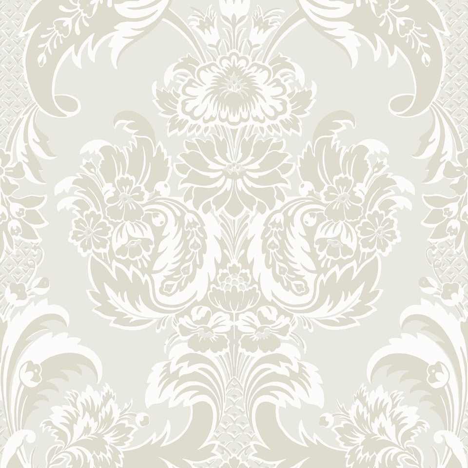 Cole & Son Wyndham wallpaper in Chalk & Stone on Silver Mica — pattern detail