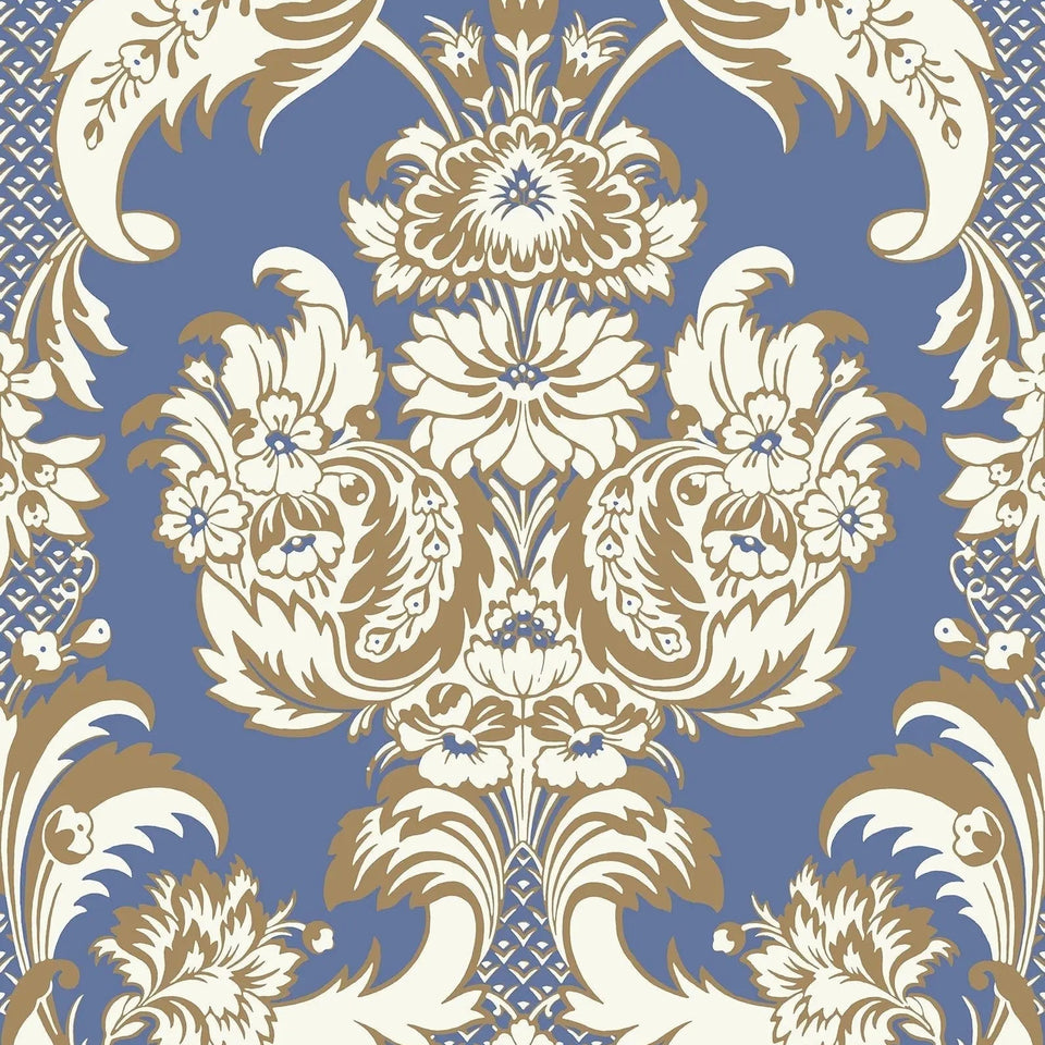 Cole & Son Wyndham wallpaper in Chalk & Metallic Gold on Cerulean Sky — pattern detail