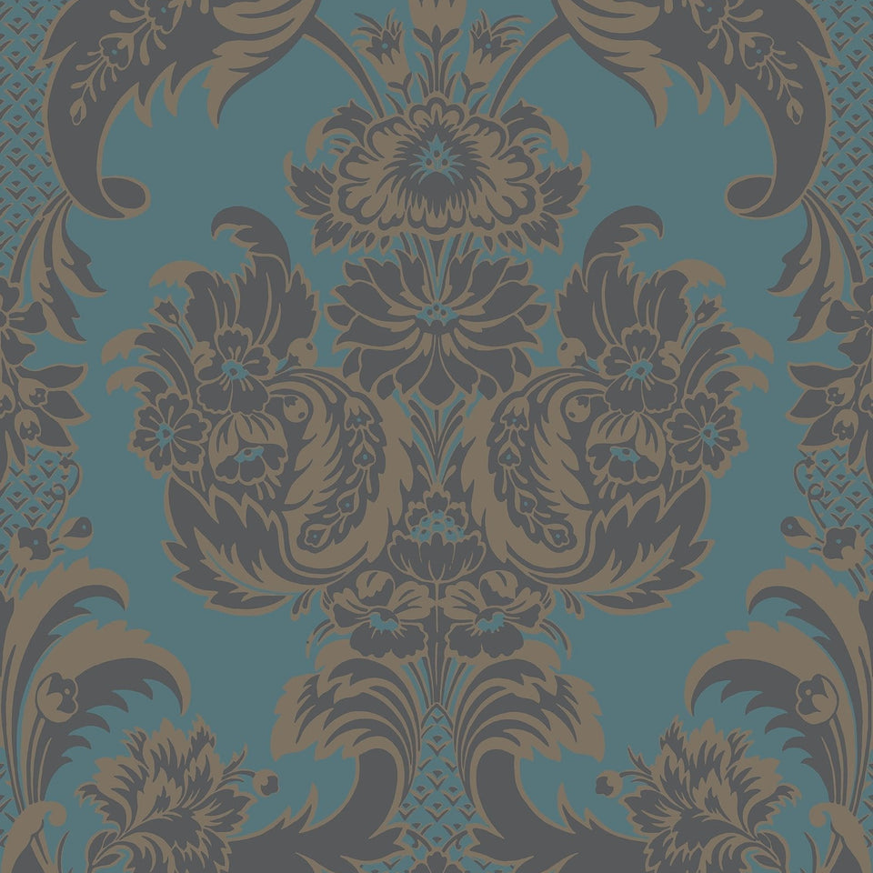 Cole & Son Wyndham wallpaper in Metallic Gilver & Dark Viridian on Petrol — pattern detail