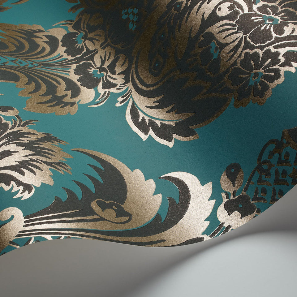 Cole & Son Wyndham wallpaper in Metallic Gilver & Dark Viridian on Petrol — wallpaper detail