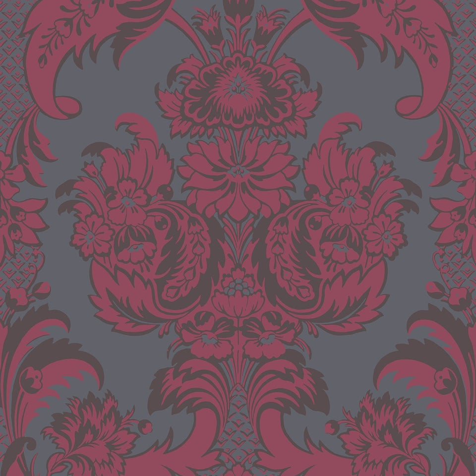 Cole & Son Wyndham wallpaper in Ruby & Charcoal on Slate Grey — pattern detail