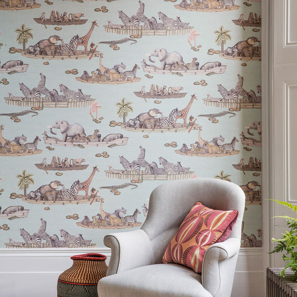 Cole & Son Zambezi wallpaper in Multi on Seafoam — room setting