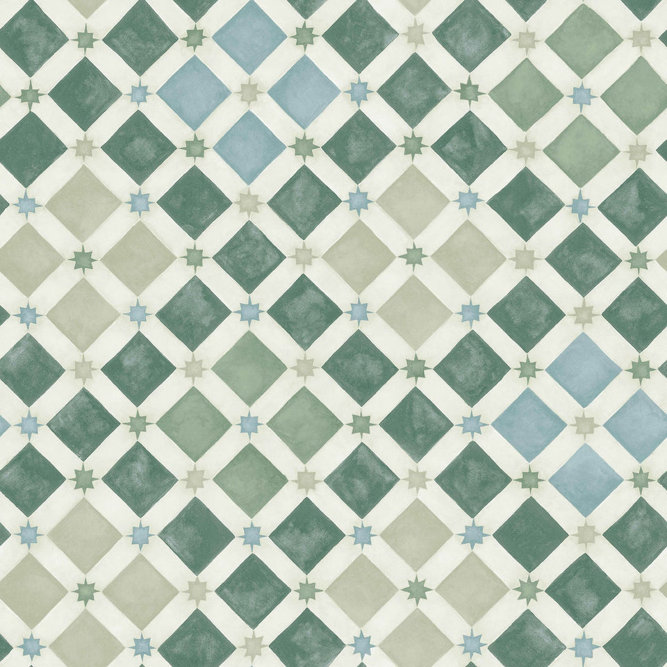 Cole & Son Zellige wallpaper in Sage & Print Room Blue — pattern detail