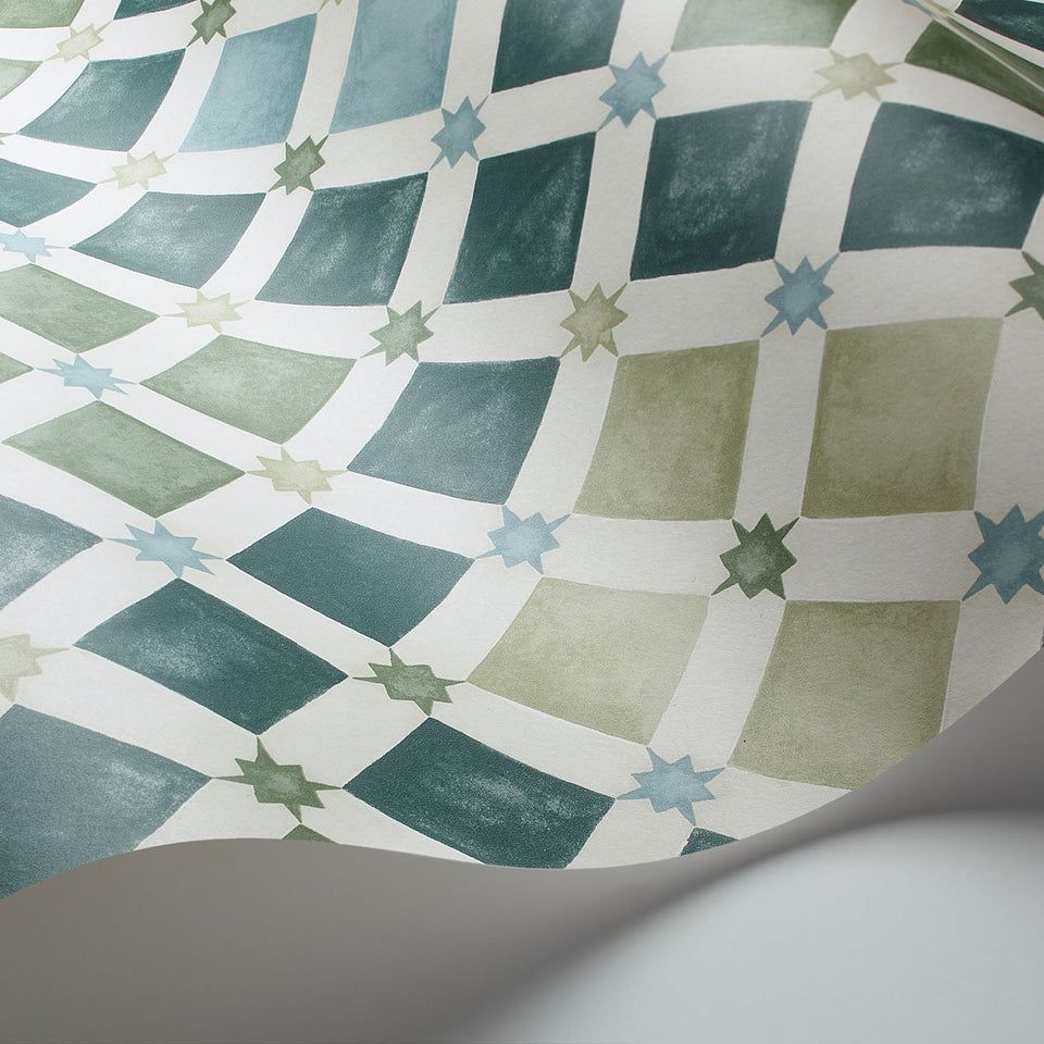 Cole & Son Zellige wallpaper in Sage & Print Room Blue — wallpaper detail