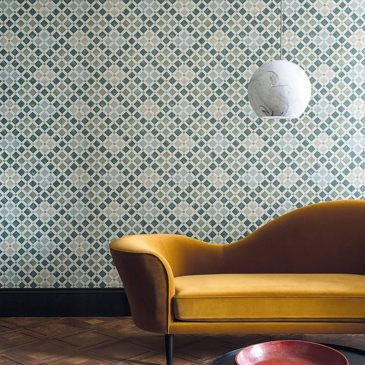 Cole & Son Zellige wallpaper in Sage & Print Room Blue — room setting