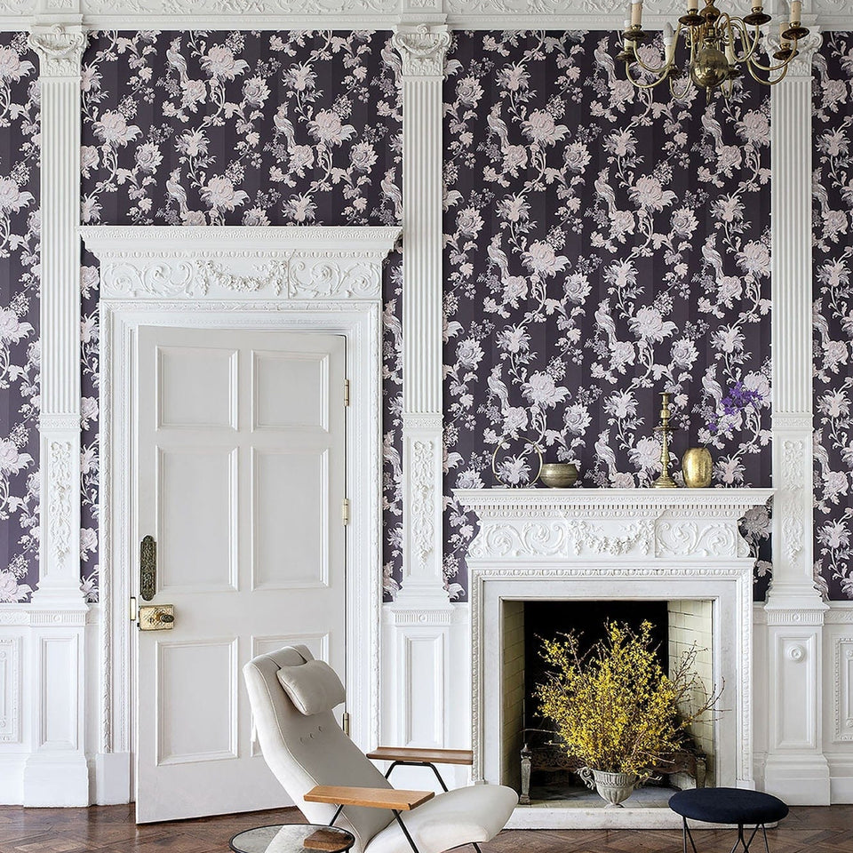 Cole & Son Zerzura wallpaper in Slate Grey & Blush Pink — room setting