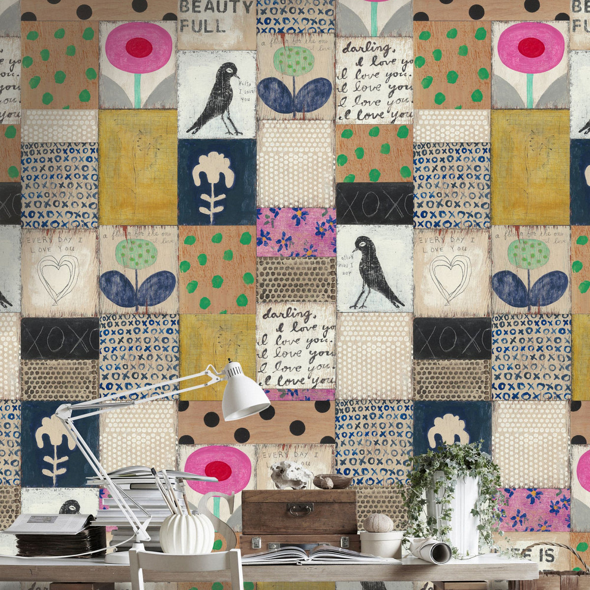Collage wallpaper by MINDTHEGAP — room setting showing the wallpaper
