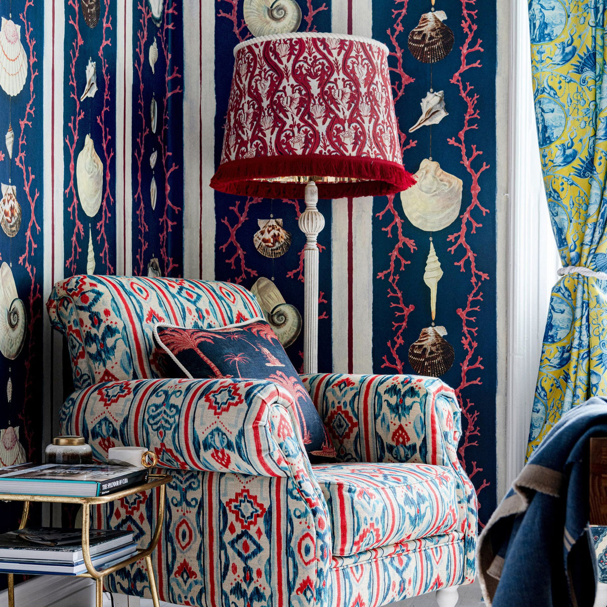 Coquillage Blue wallpaper by MINDTHEGAP — room setting showing Blue colorway