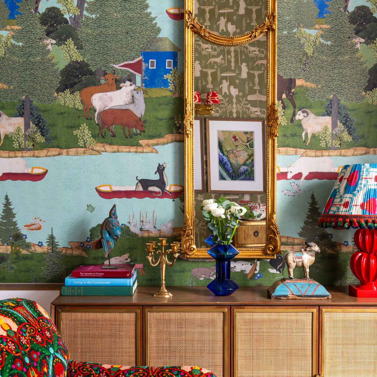 Corvin wallpaper by MINDTHEGAP, shown in a furnished interior.