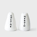 David Shrigley Heroin and Cocaine porcelain salt and pepper shakers, front view