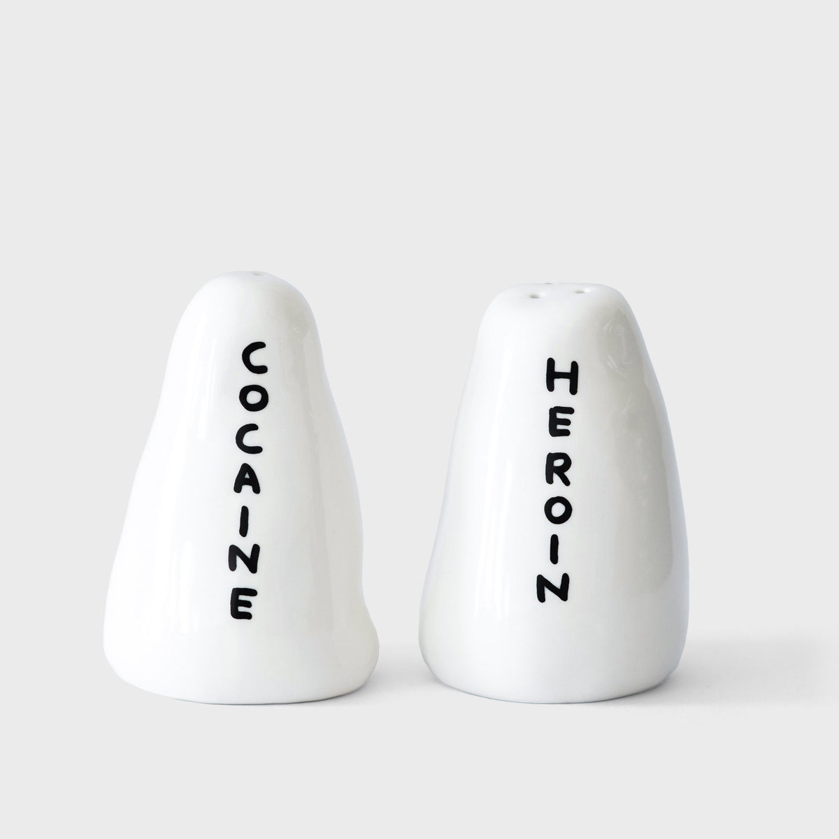 David Shrigley Heroin and Cocaine porcelain salt and pepper shakers, front view