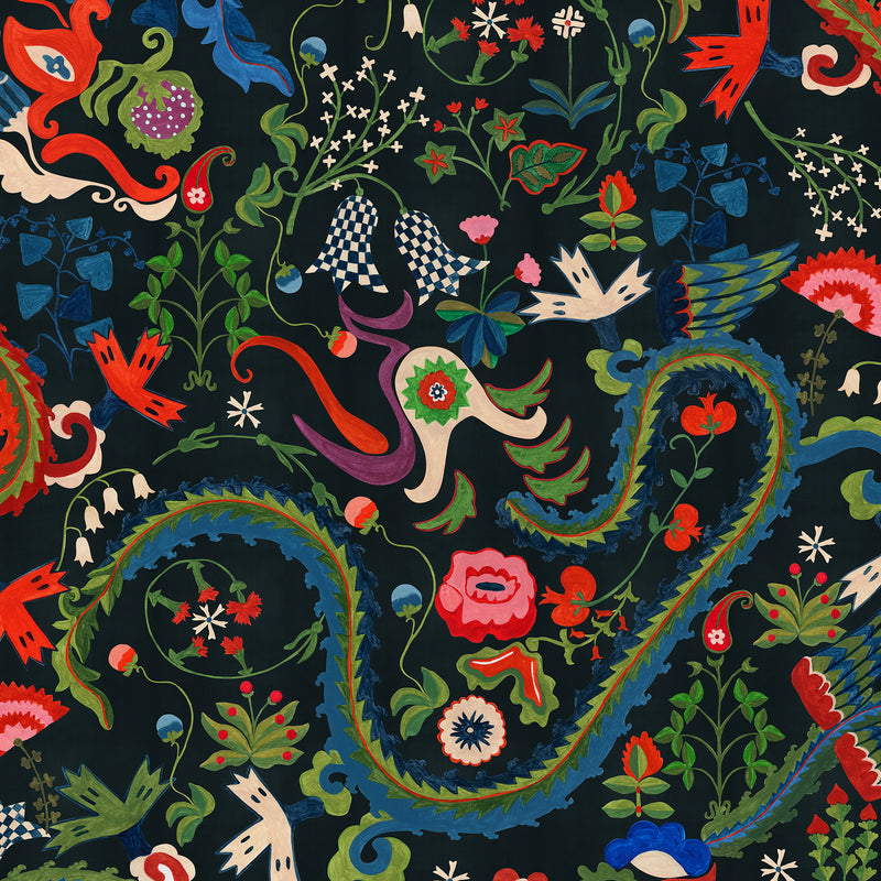 DRAGON FLOWER Black wallpaper by MINDTHEGAP, full pattern detail.