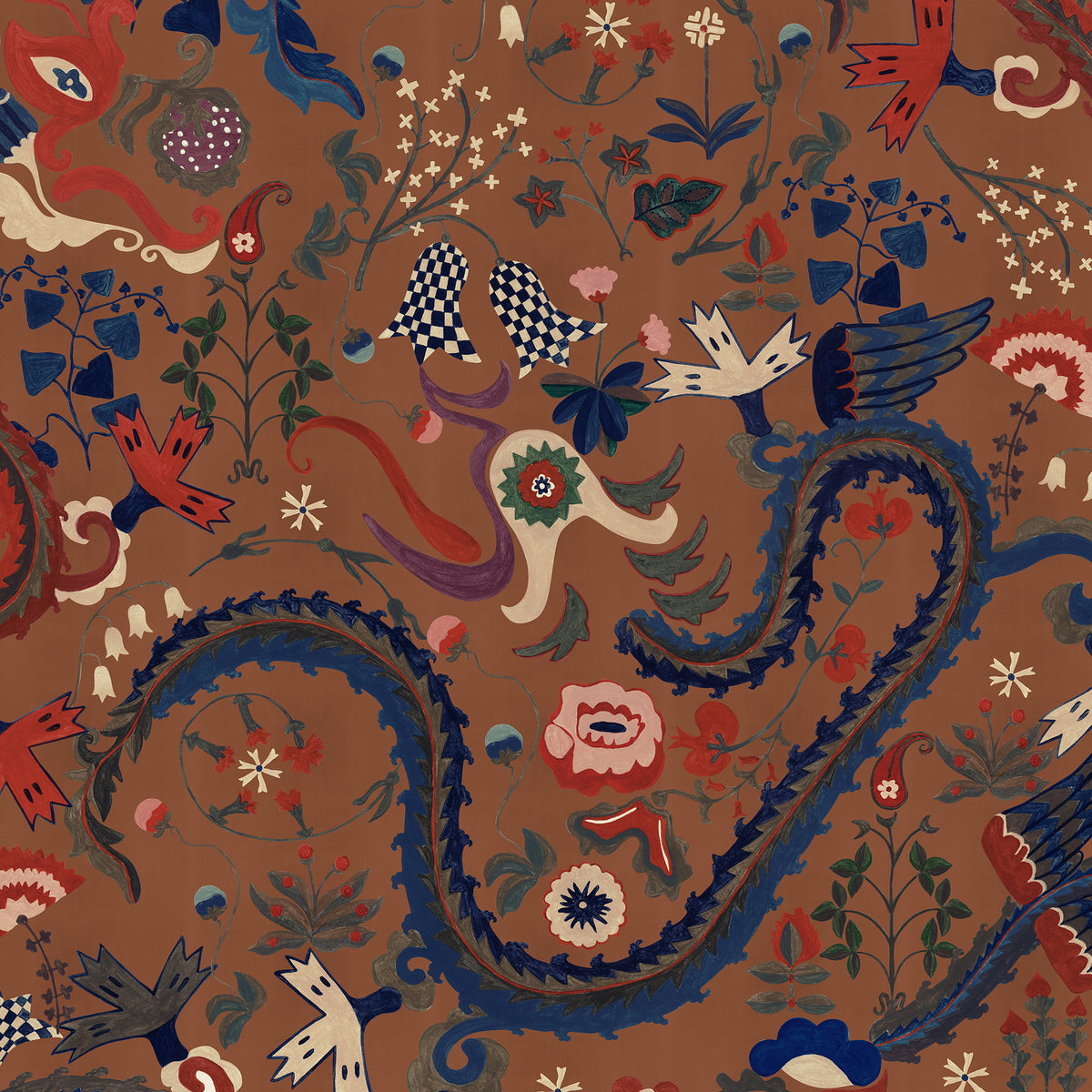 DRAGON FLOWER Golden Brown wallpaper by MINDTHEGAP, full pattern detail.