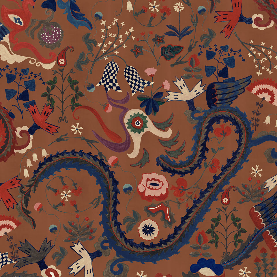 DRAGON FLOWER Golden Brown wallpaper by MINDTHEGAP, full pattern detail.
