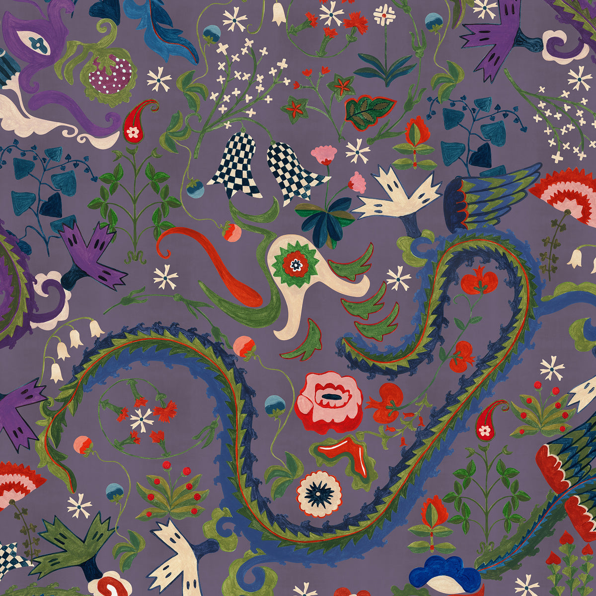 DRAGON FLOWER Purple wallpaper by MINDTHEGAP, full pattern detail.