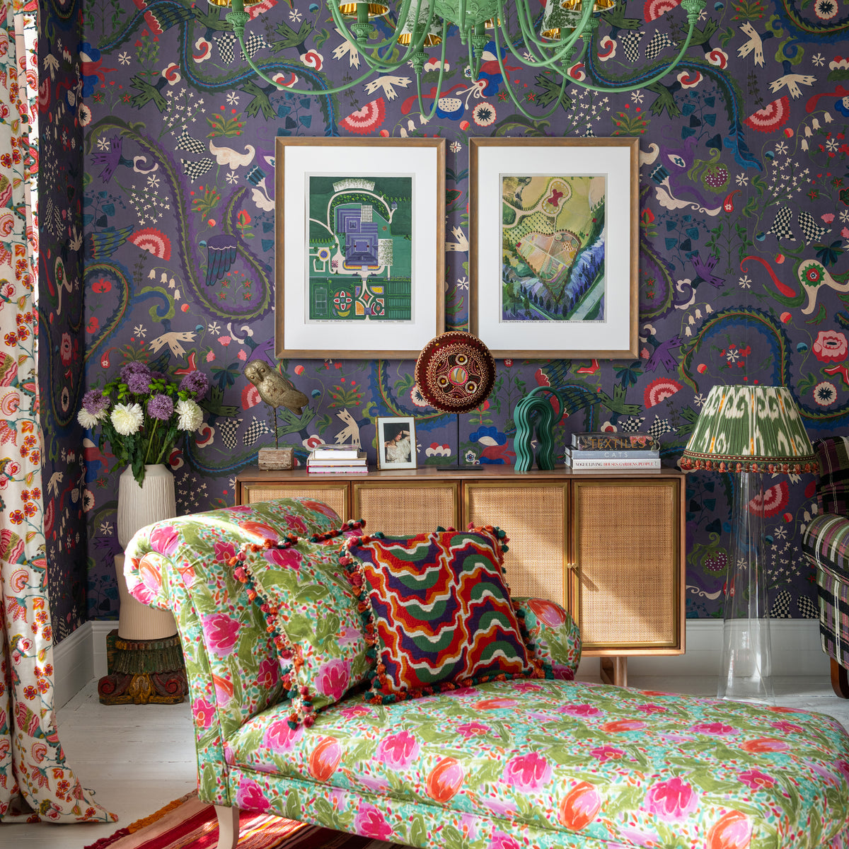 Dragon Flower Purple wallpaper by MINDTHEGAP, shown in a furnished interior.