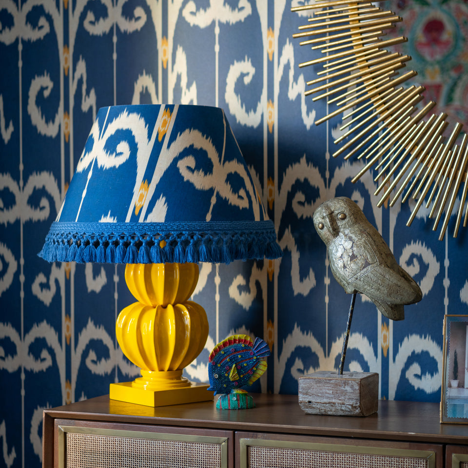 Elysia Ikat Celestial wallpaper by MINDTHEGAP, close-up in a styled interior.