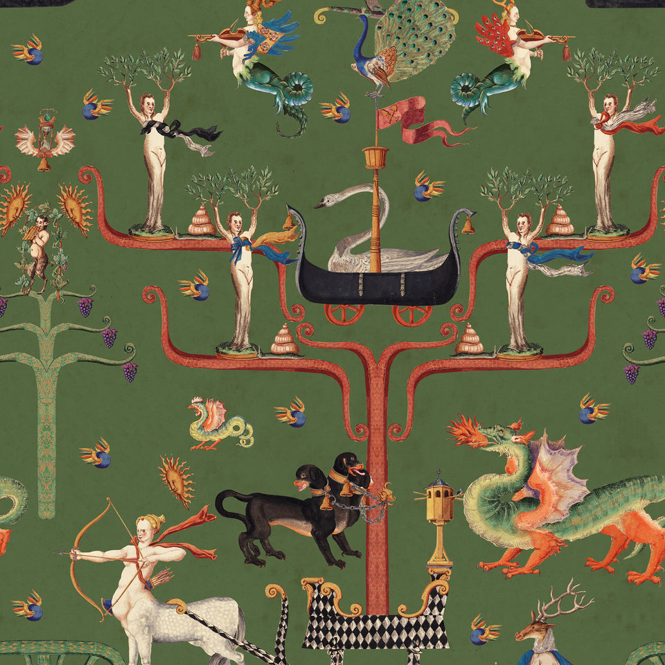 FAIRIES AND DRAGONS Fir wallpaper by MINDTHEGAP, full pattern detail.