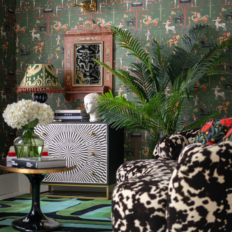 Fairies And Dragons Fir wallpaper by MINDTHEGAP, shown in a furnished interior.