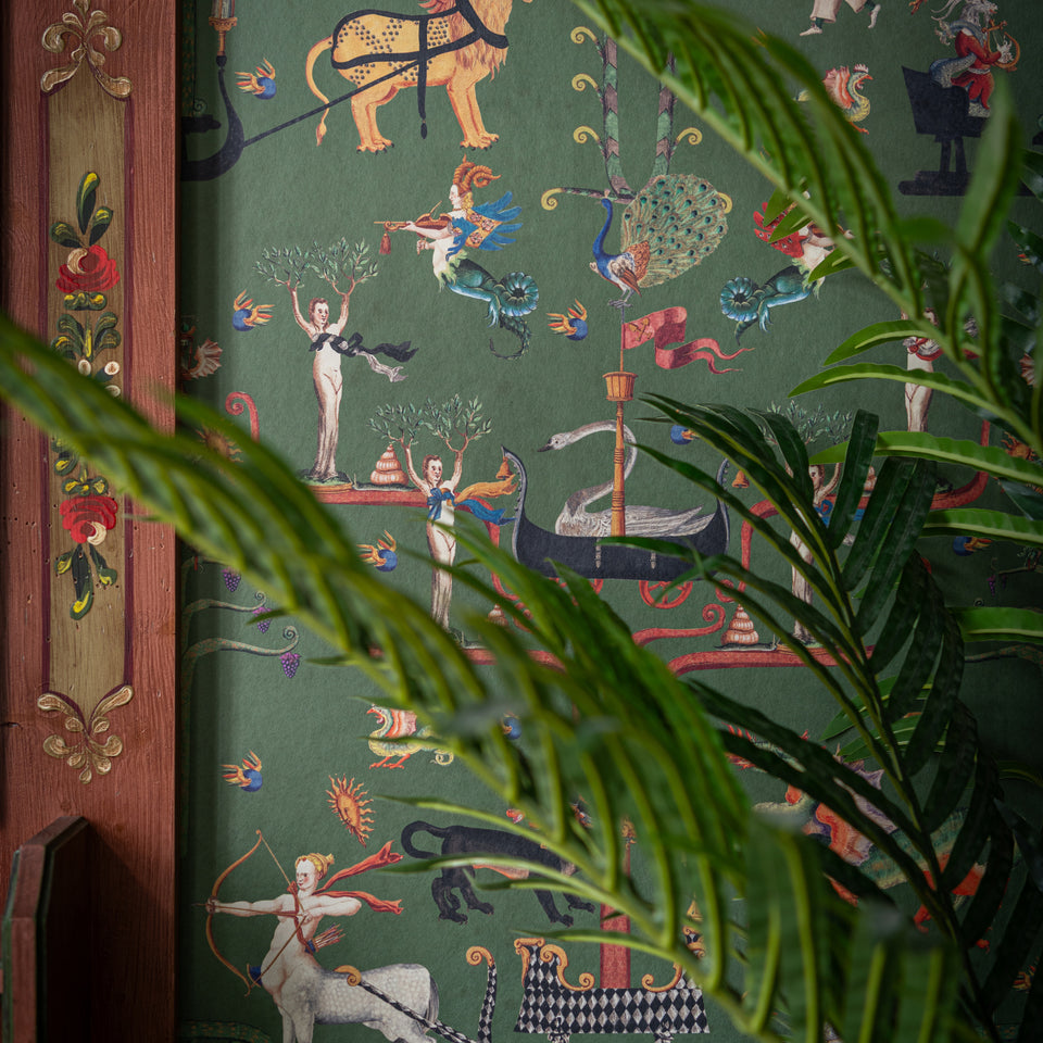 Fairies And Dragons Fir wallpaper by MINDTHEGAP, close-up in a styled interior.