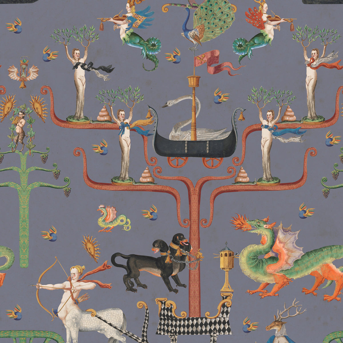 FAIRIES AND DRAGONS Slate wallpaper by MINDTHEGAP, full pattern detail.