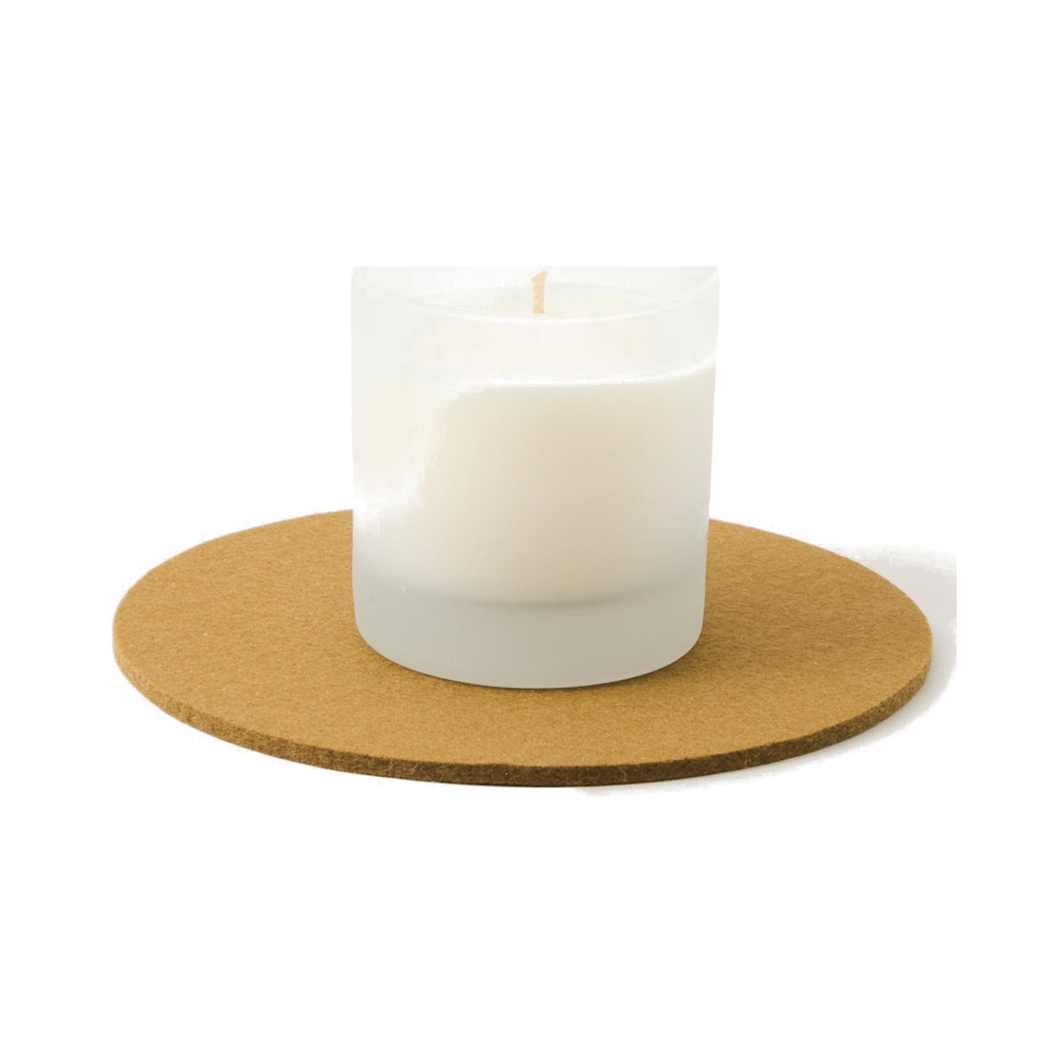 Graf Lantz Brine 8-inch round felt trivet supporting a white candle