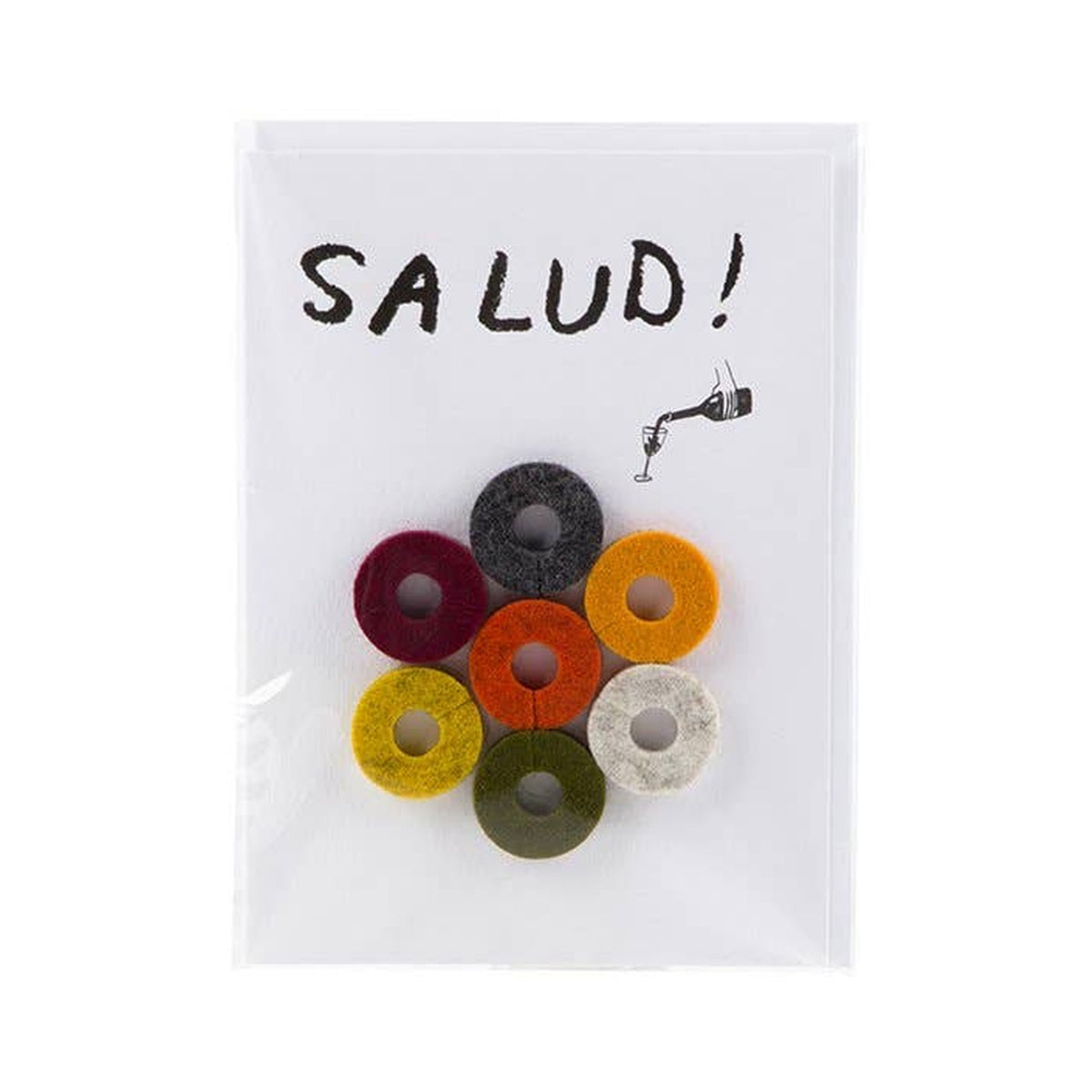Graf Lantz Salud Wine-Ote’s card with seven felt wine markers in the Fiesta palette