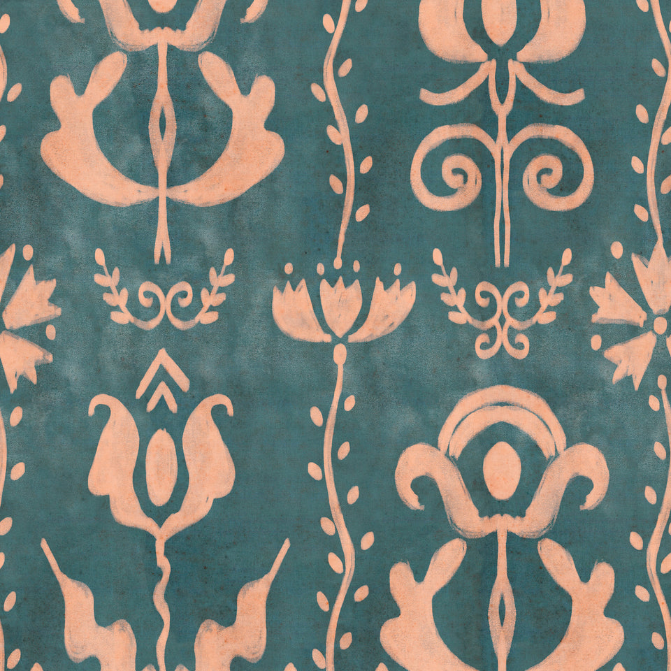 GRANDMA'S STENCIL Milky Blue wallpaper by MINDTHEGAP, full pattern detail.